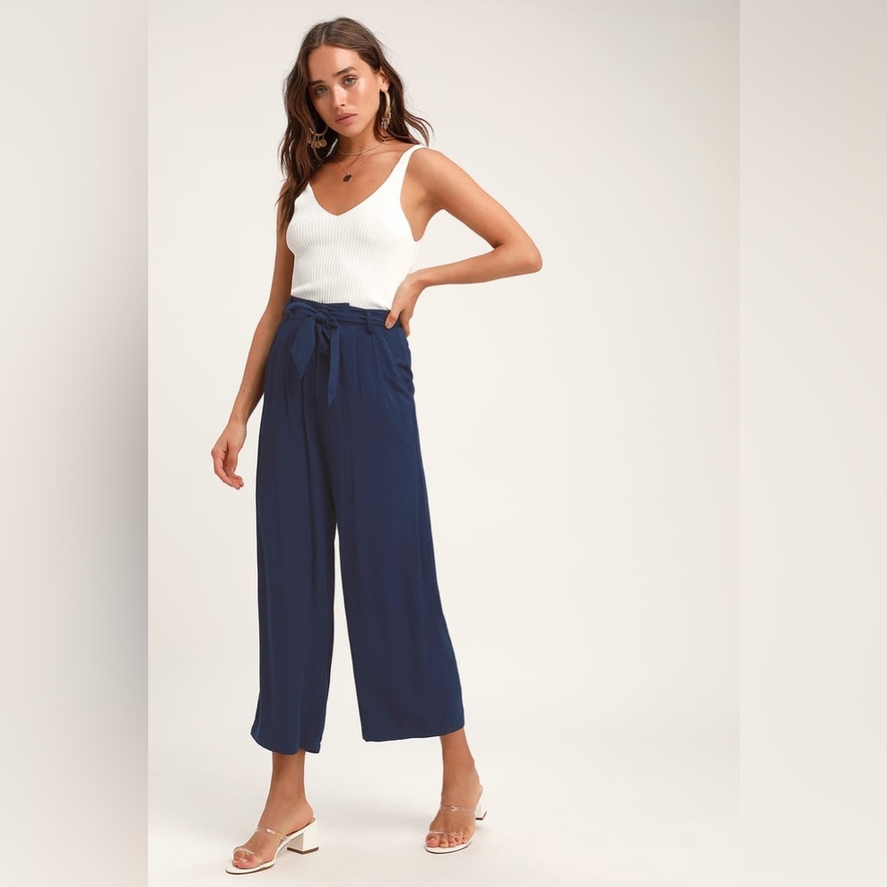 Sophisticated Navy Blue Tie-Waist Cropped Pants